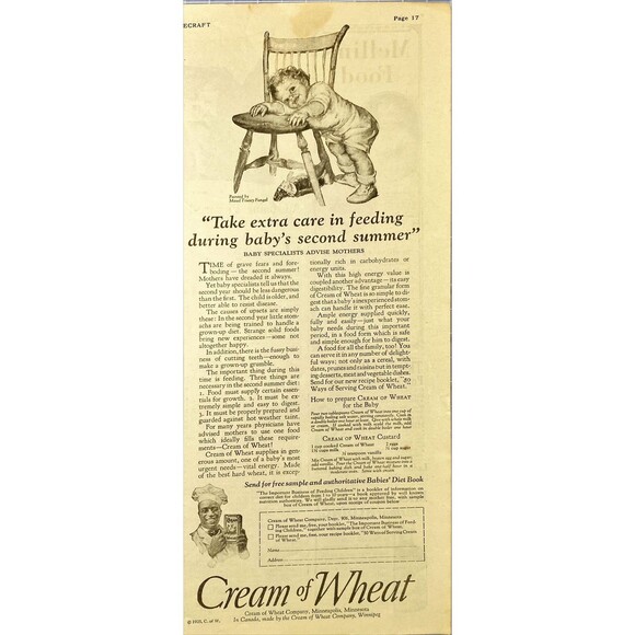 Cream of Wheat "Take extra care in feeding during Baby's 2nd Summer" Vtg Ad 1925 - Picture 1 of 3